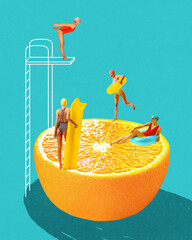 Fototapeta na wymiar Women with floaties and boards relaxing on orange slice pool with diving platform against teal background. Contemporary art collage. Concept of summer, vacation, surrealism, creative design