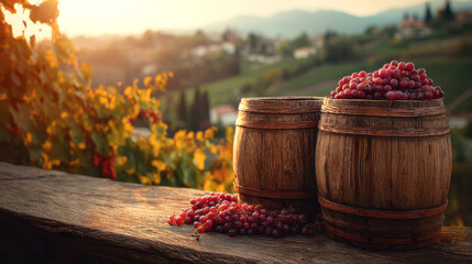 Two vintage wooden wine barrels sit on rustic table, overflowing with red grapes, set against picturesque vineyard landscape at sunset