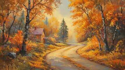 Autumn Landscape Painting Rustic Cottage Winding Road Golden Trees Fall Scenery Vibrant Colors Impressionistic Style Oil Painting Nature Scene        