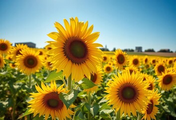 Obraz premium Sun-drenched field of vibrant yellow sunflowers, ripe for harvest in the French countryside, Provence, agriculture