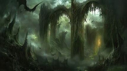 Eerie ruins with gothic archways swallowed by jungle foliage evoke a forgotten era and gothic architecture themes with dark mysterious undertones