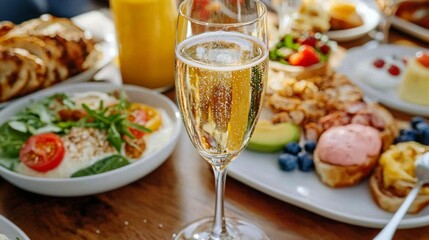 Sparkling Brunch Champagne, Eggs, Fruit and Pastries, breakfast , mimosa