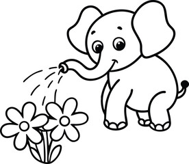 A baby elephant spraying water from its trunk coloring page.