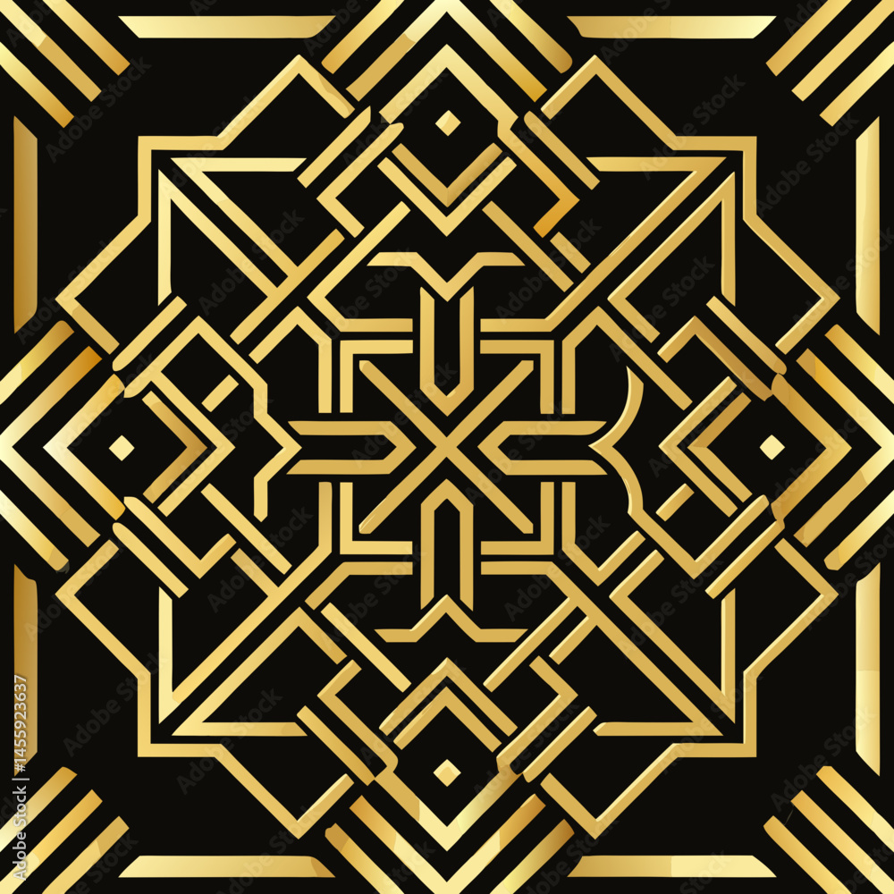 Poster luxurious geometric lattice pattern in gold on black background, seamless vector pattern