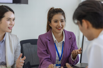 group of business people are meeting in a conference room, entrepreneurs meet to share knowledge with each other, marketing staff are discussing in formation about the work that needs to be presented