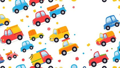 Naklejka premium Seamless pattern featuring cheerful cartoon vehicles in vibrant colors on a light background, simple, joy