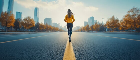 Woman jogs down asphalt street, embodying energy and determination in pursuit of physical fitness under sunny sky.
