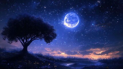 Serene nighttime landscape with a luminous full moon glowing in a starry sky above a solitary tree illuminated by moonlight and peaceful natural scene with dark silhouettes