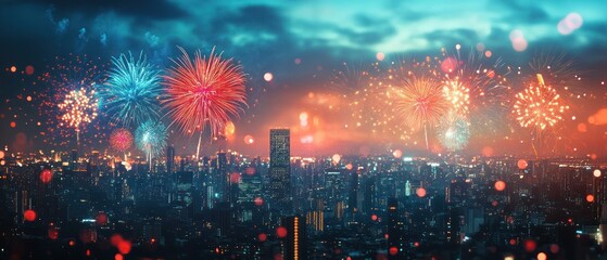Fireworks explode over sprawling cityscape at night, painting sky with vivid colors during vibrant cultural celebration.