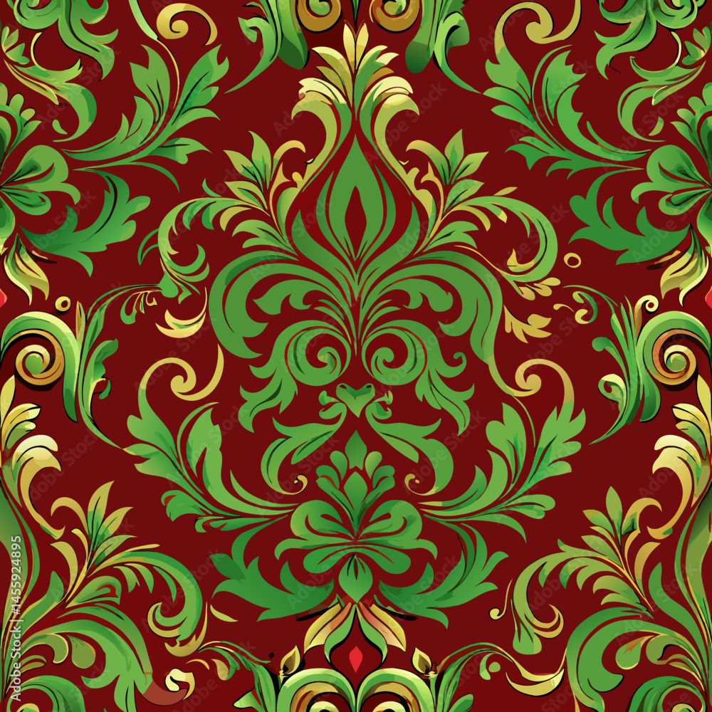 Poster rich brocade vector pattern in baroque style with green and gold, seamless vector pattern