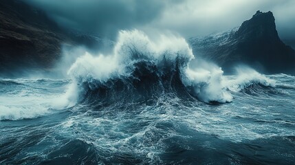 Obraz premium Jagged coastline battered by relentless ocean waves, showcasing the raw power of nature's forces.