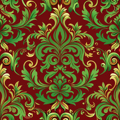 Rich Brocade Vector Pattern in Baroque Style with Green and Gold, seamless vector pattern  