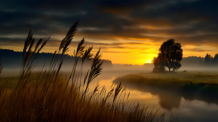 Tranquil sunset on serene riverbank a peaceful nature photography scene