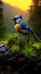 Bird watching blue jay in forest nature photography sunset glow