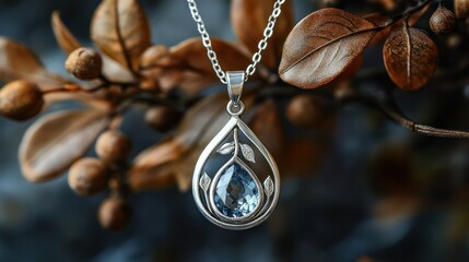 Elegant silver pendant necklace with a large sparkling teardrop-shaped gemstone suspended from a delicate chain, set against a background of brown leaves and branches