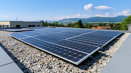 Modern rooftop solar panels installation with photovoltaic modules on a flat commercial building roof under clear blue sky with distant mountains and lush greenery in background