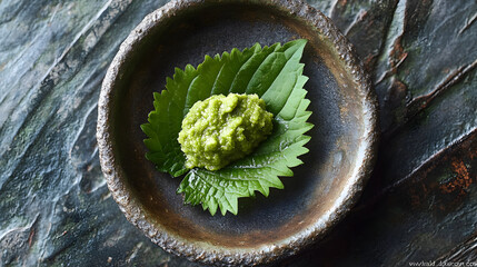 Japanese wasabi paste on shiso leaves culinary art restaurant close-up gourmet