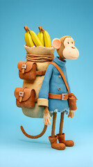 Playful monkey collecting bananas colorful background fun illustration 3d animation style