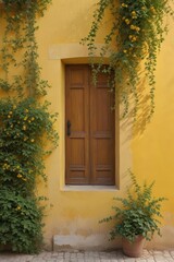 Fototapeta premium Yellow stucco wall, climbing vines, rustic colonial charm, sunlight , vine, rustic