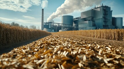 Industrial Power Plant Very Large Factory with Cooling Towers and Smoke Emission Located Near a Field of Wheat under Blue Sky with Clouds in the Background
