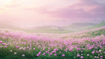 Lush, vibrant field of pink flowers blankets rolling hills at sunrise. Soft pastel colors create a dreamy, peaceful atmosphere.