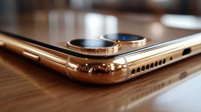 Close-up of a modern gold-colored smartphone with a sleek design, rounded edges, side buttons, charging port, speaker holes, and a reflective screen lying on a wooden surface