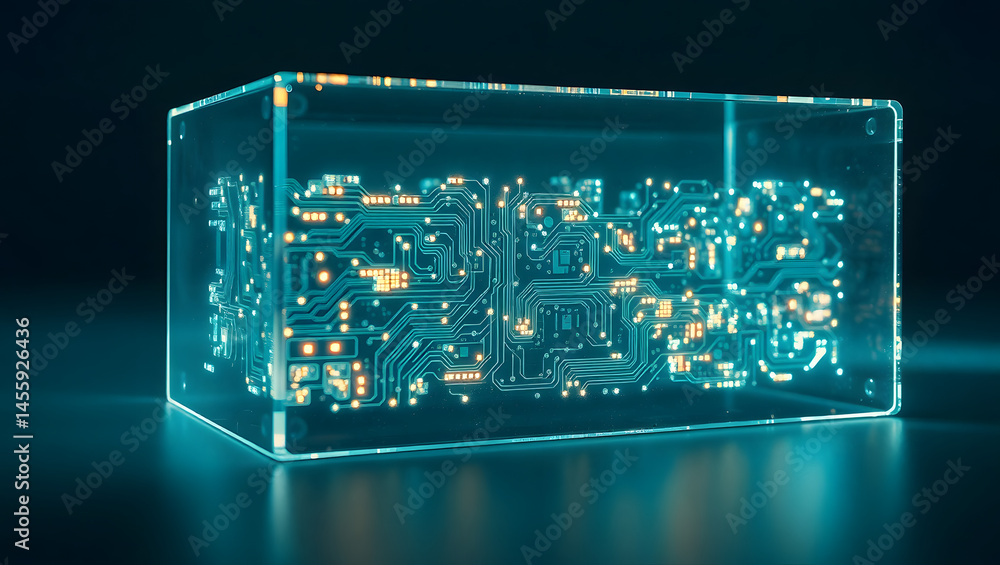 Poster glowing circuit network in transparent cube abstract technology illustration