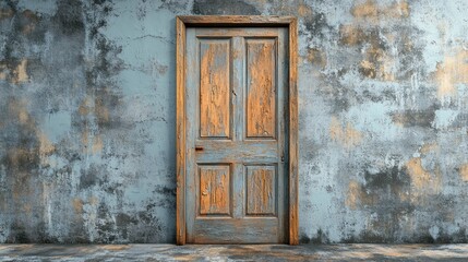 Vintage Wooden Interior Door with Intricate Panel Design and Weathered Blue Paint Set Against a Rough Textured Deteriorated Wall in Old Building