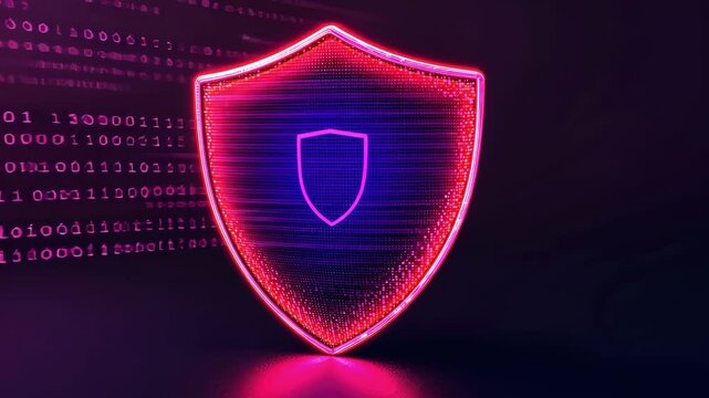 A glowing neon shield representing digital security and protection in a futuristic environment.
