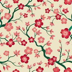 Traditional Japanese Floral Pattern with Cherry Blossoms, seamless vector pattern