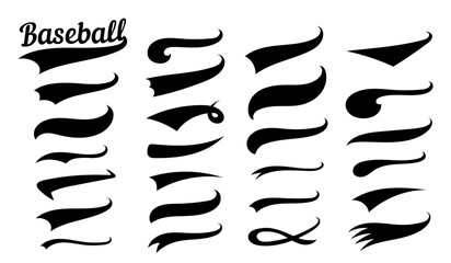 Swooshes text tails for baseball design. Sports swash underline shapes set in retro style. Swish typography font elements for athletics, baseball, football decoration. Black swirl vector line.