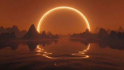 Otherworldly Landscape With Amber Halo And Reflective Water