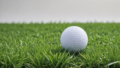 Obraz premium A pristine golf ball rests in vibrant green grass against a stark white backdrop , golf ball, minimalism, putting green