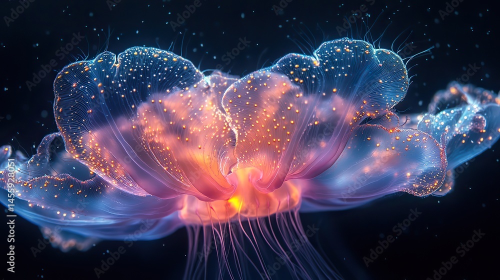 Poster luminous jellyfish pulsating gently in the deep ocean, their translucent bodies emitting an ethereal