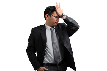 Handsome Asian businessman in suit holding head with hand, showing frustration and stress, isolated on transparent background