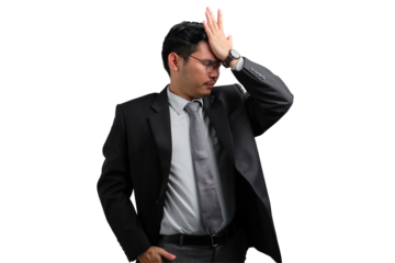 Handsome Asian businessman in suit holding head with hand, showing frustration and stress, isolated on transparent background