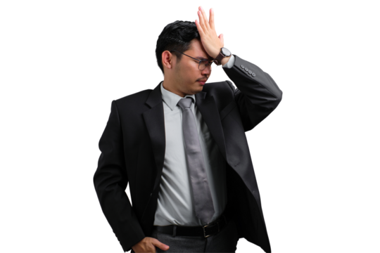 Handsome Asian businessman in suit holding head with hand, showing frustration and stress, isolated on transparent background