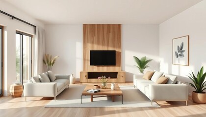 Fototapeta premium Serene minimalist living room with neutral palette and natural textures, airy, elegant
