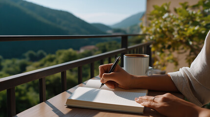 Morning writing session on a balcony with Italian hills view