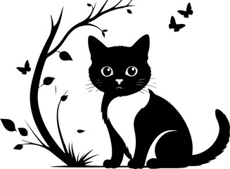 The image is a black and white vector illustration of a cat