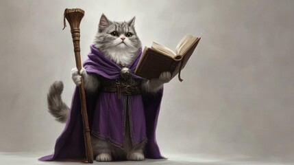 Gray cat in purple robe reading a book with staff