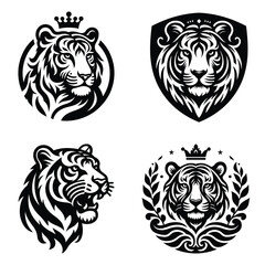 Royal Bengal Tiger logo set clipart illustration & drawing black & white
