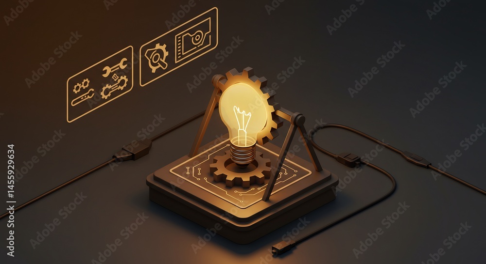 Poster light bulb on gears concept illustrating idea generation process