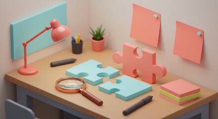 Solving Puzzle on Desk with Magnifying Glass and Sticky Notes