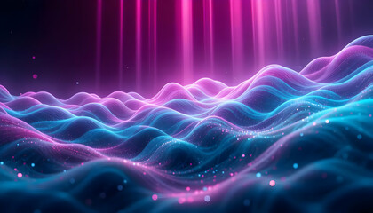 Fototapeta premium Abstract Neon Waves Vibrant Pink and Blue Glowing Landscape, Digital Art, 3D Render