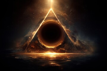 Golden light triangle of emptiness with a primordial black hole inside it in the heart of the cosmos.