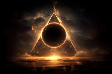 Golden light triangle of emptiness with a primordial black hole inside it in the heart of the cosmos.