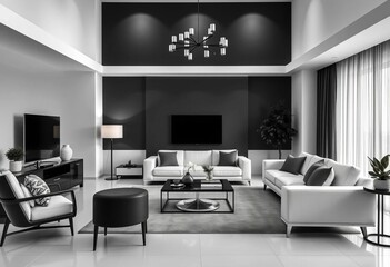 Sleek black & white living room with modern furniture and decor, style, apartment