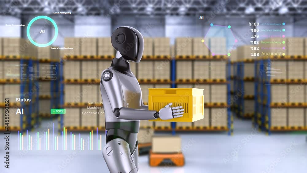 Aufkleber automation warehouse with 3d rendering assistant robot work in warehouse with digital graphic displa