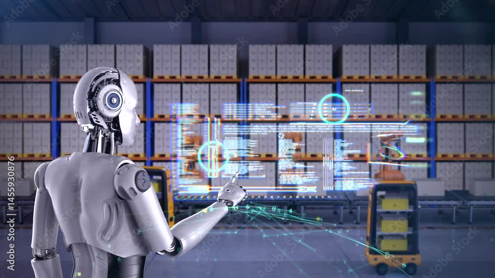 Poster automation warehouse with 3d rendering assistant robot work in warehouse with digital graphic displa